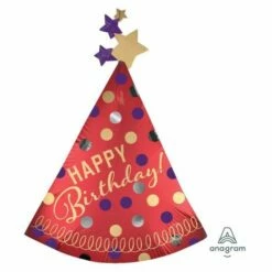 Happy Birthday Satin Party Hat Red Supershape Foil Balloon