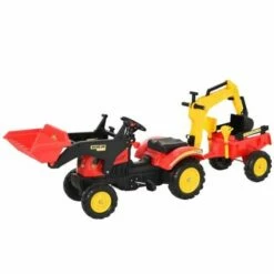 Homcom Ride On Pedal Frontloader Tractor With Trailer And Rear Excavator