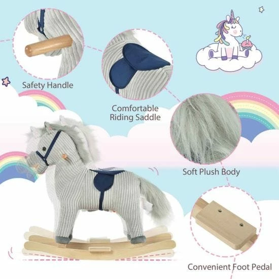 Homcom Wooden Unicorn Rocking Horse With Sounds Grey - Image 4